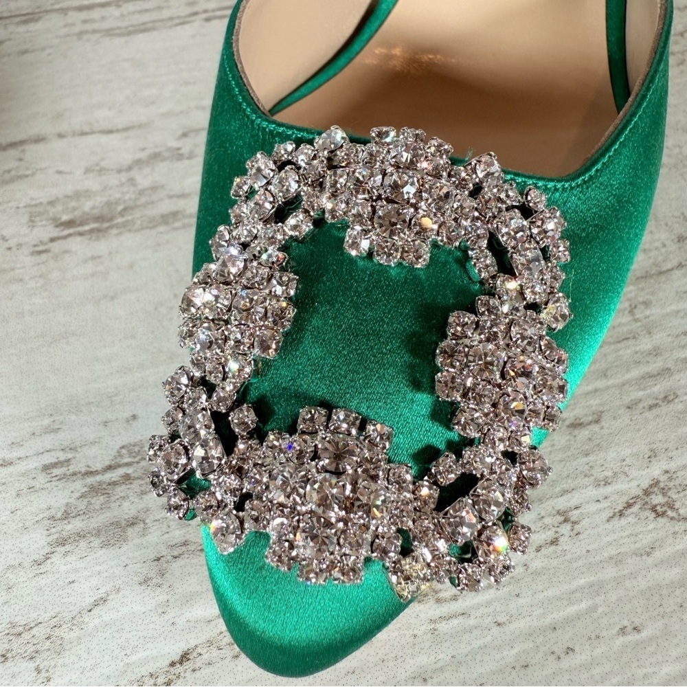 Manolo Blahnik Size 36 Green Hangisi Hangisimu Heeled Mules Satin 70MM NEW - Picture 8 of 16